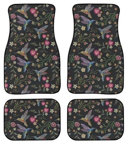 Amzbeauty Tapetes de piso de coche con diseño de pájaro de flores, ajuste universal, 4 piezas, tapetes delanteros y traseros para automóvil, color negro