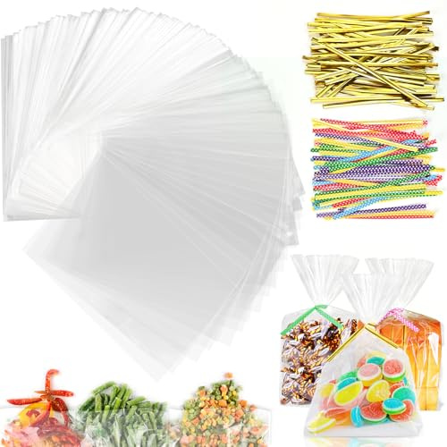 Tigvio 90 Stück Cellophantüten, 25x15 cm Geschenktüten Transparent | Durchsichtige Zellophantüten mit 90 Metallischen Bindebaender, Süßigkeiten Tüten für Mitgebsel Kindergeburtstag Gastgeschenke