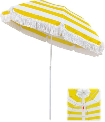 Parasol de Jardin Parasols de Plage à Rayures Jaunes et Blanches avec Frange Protection UV50 + Parasol de Patio Parasol de 180 cm avec parasols d'extérieur inclinables Parapluie de Table de