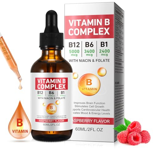 Vitamin B Complex Liquid, Vegan Vitamin B12 Liquid Drops | B12 Methylcobalamin | B1 Thiamine | B6 Pyridoxine | Folic | Niacin - B Complex Liquid Drops, Support Energy, Brain & Heart, 40 Servings