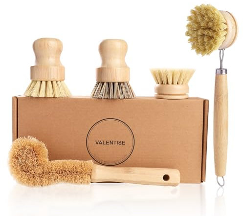 VALENTISE Bamboo Dish Brush Set - 5 Packs Natural Wooden Kitchen Brush, 4 Dish Scrubbers with One Replacement Head, Cleaning for Pots, Bottles and Vegetables