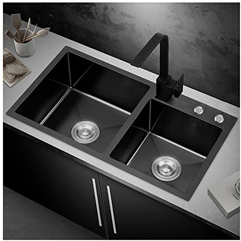ZHYIHOUSA Fregadero de Cocina de Dos Senos de Nano Color Negro Fregadero de Barra de Acero Inoxidable 304 Fregadero Cuadrado para RV con Grifo y desagüe Montaje Superior o Inferior