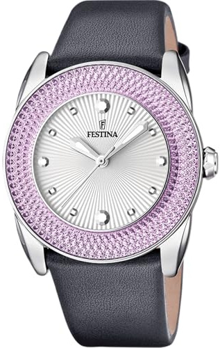 Festina Damenuhr Analog aus Leder Grau | Quarzwerk, Widerstandsfähiges Mineralglas, Wasserdicht 5 ATM, Elegant, Klassisch und Vintage F16591/7