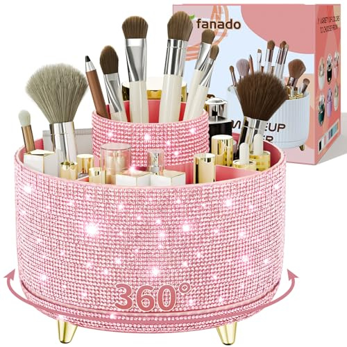 fanado Bling Diamond Makeup Brush Holder, 360° Rotating Makeup Organizer, 5 Slot Make up Brushes Cup for Countertop, Storage for Cosmetics Pen Eyeliner Skincare on the Vanity (Diamond Pink)