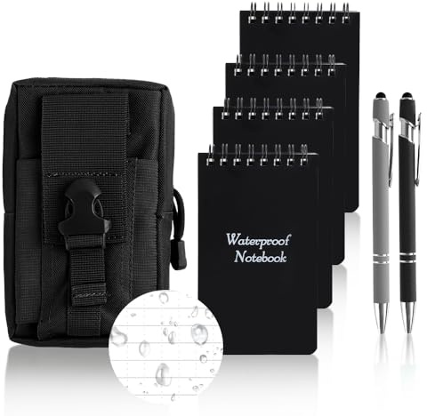 QLFJ-FurDec 4PCS Wasserdichtes Notizbuch Mini Notizblock, 1PCS Molle Tasche | A7 Pocket Write in the Rain Notizbücher mit Spirale und 2PCS Kugelschreiber, 13x7.7cm Kleiner Field Notes (Schwarzes Set)