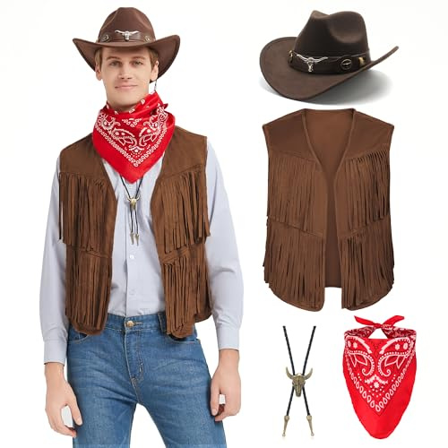Firecos Déguisement Cowboy Cosplay Western Cowboy pour Hommes Gilet à Franges Chapeau Bandana Collier pour Carnaval Costume Hippie pour Adultes
