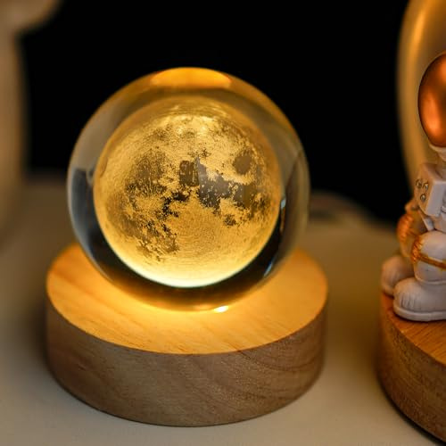 KANPURA 2.3in 3D Carved Moon Crystal Ball Night Light with Wood Base Decor | 3D Carved Moon Crystal Glass Sphere with Warm Light Wood Base Night Light 2.3 Inch for Home Office Desk Shelf Display Gift