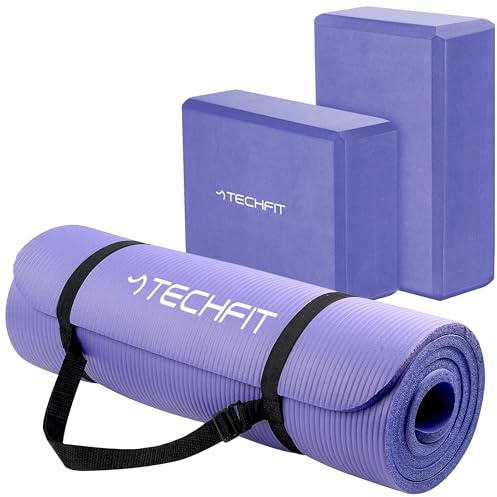TechFit Set Blocchi Yoga, Tappetino 180x60x1 cm, Spesso Antiscivolo EVA Alta Densità 2 Mattoncini 22,5x15x7,6cm Pilates Stretching Cinghia Trasporto Ecologico
