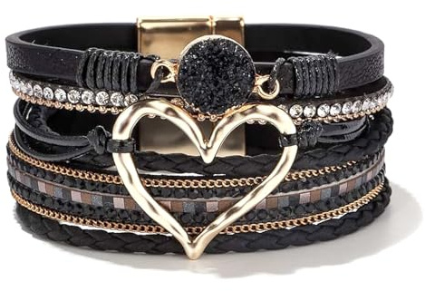 Nurhore Boho Leather Bracelets for Women, Multilayer Leather Wrap Bracelet with Magnetic Buckle, Heart-shape Wide Cuff Bracelets for Women,Girls(Black)