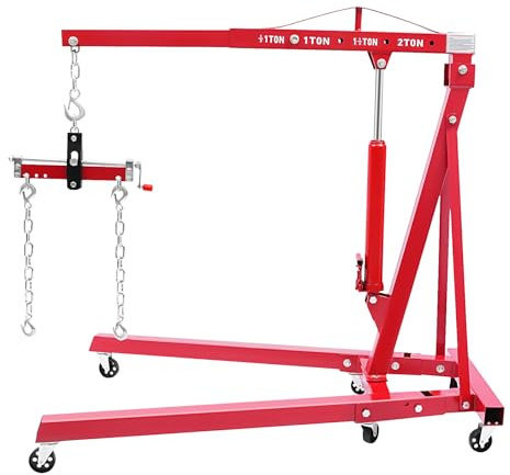 Hydraulic Crane with Engine Leveler 2T Folding Hydraulic Crane 4400 LBS Capacity Adjustable 58.27 in Height Hydraulic Crane w/Wheels for Repair Workshops Warehouses (Red with Engine Leveler, 2T)
