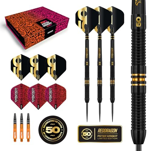 RED DRAGON DARTS - 50-årsjubileumsspelarutgåva - Peter Wright 'Snakebite' 21g - Professionellt dartset med stålspets och 90% volfram - Inkluderar dartvingar och dartskaft