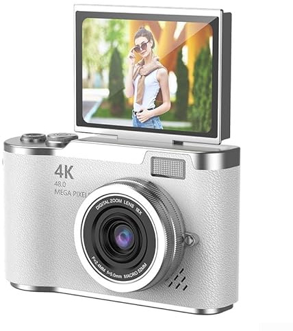 Feegow Videocamera digitale 4K - 48MP 8X Zoom Digitale Fotocamera, 180° Flip Screen, Videocamera Portatile con Filtri, Giochi, Lettore MP3 per Adolescenti (Bianco)
