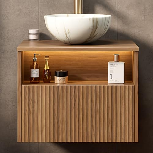 Bladez 60cm Hängewaschtisch mit LED Sensor-Beleuchtung & Keramikbecken, Badezimmerschrank mit Schublade & Regal, Steinmuster-Oberfläche, Waschtisch mit Unterschrank (Holz, 60cm)