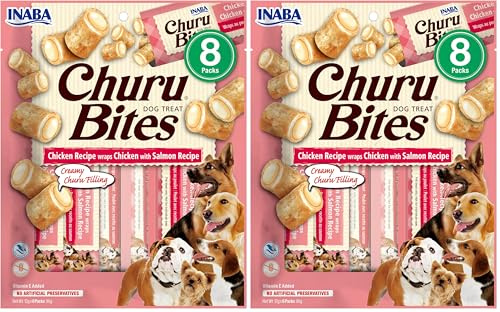 INABA Churu Bites Perros - Receta de Pollo con Salmón - Palitos crujientes con Relleno cremoso, Aperitivo Delicioso y Saludable - Alimento con Proteínas, sin colorantes ni conservantes, 96g (8x12g)