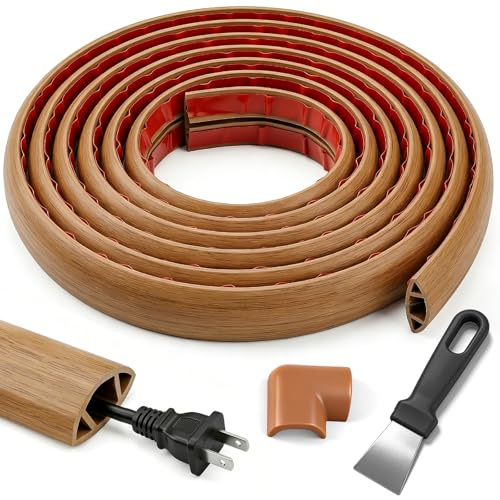 Título: Pasacables Suelo Autoadhesivo Efecto Madera (3M) - Canaleta Flexible de PVC para Esconder Cables - Protector de Suelo Antitropiezos con Esquina y Raspador para Oficina y Hogar