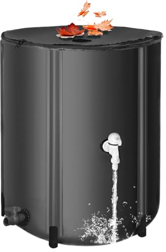 Barile per pioggia pieghevole, barile per raccolta acqua piovana da 26 galloni resistente ai raggi UV pieghevole con cerniera a 2 vie, rubinetto e aste di supporto per l'uso quotidiano domestico