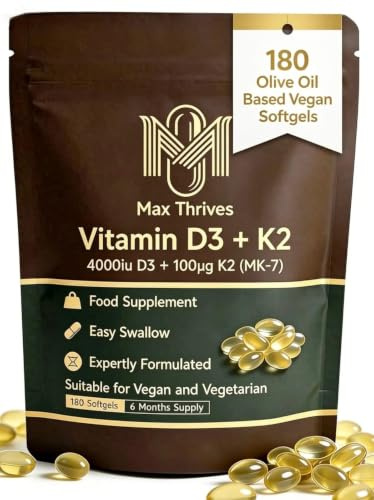 Vegan Vitamin D3 K2 Softgels 4000IU, 6 Months Supply, Olive Oil Based Lichen Sourced D3 and K2 Vitamin Complex, High Strength Vitamin D with K2, D3 Vitamin Supplements, 180 Count - Max Thrives