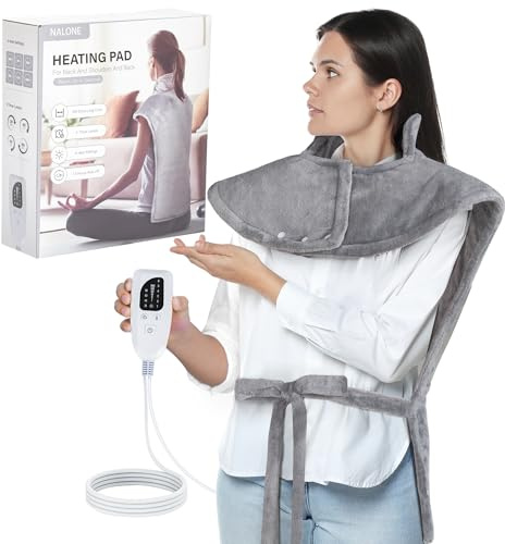 NALONE Termoforo Elettrico per Collo e Spalle 63x100cm, Cuscino Termico con 6 Livelli di Riscaldamento, 4 Timer, Cintura Regolabile, Scaldaschiena in Flanella