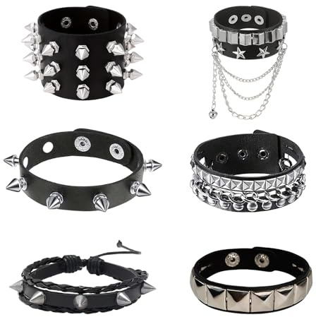 Tastetreasure Lot de 6 bracelets punk rock cloutés en cuir pour homme et femme, bracelets de motard Y2K Emo avec clous et chaînes pyramidaux, accessoires de bijoux punk