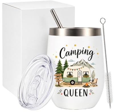 Camping Geschenke, Camping Tasse Für Frauen,Camping Tasse Edelstahl 360ml Mit Deckel Und Strohhalm, Lustige Camper Geschenke Für Frauen Freundin, Outdoor Weinbecher Isolierbecher