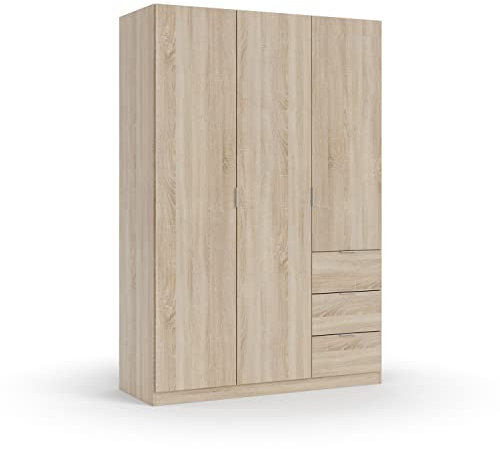 Habitdesign Armario Ropero 3 Puertas 3 Cajones, Armario Alto Dormitorio, 200x135x52 (AltoxAnchoxFondo - en cm), Color Roble Canadian