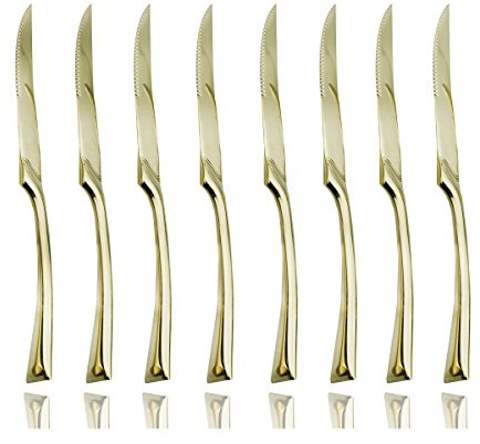 JASHII 18/10 Stainless Steel 8 Piece Mirror Polished Champagne Gold Serrated Steak Knife Serving Black Utensil Set