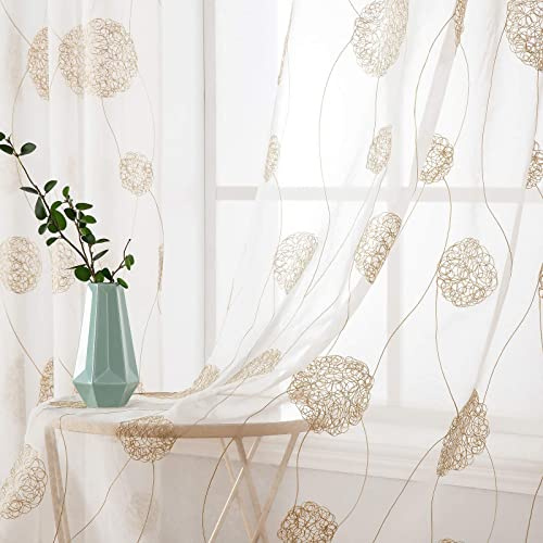 MIULEE Vorhänge mit Florales Stickerei, Gardinen Weiß mit Golden Muste für Wohnzimmer, Schlafzimmer Vorhang Transparent mit Ösen, 2er Set Voile Blumen Durchsichtig Vorhänge, Jeder H 175 X B 140cm