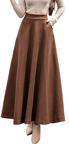 chouyatou Women's Fall Winter A-Line Swing Pleated Long Maxi Wool Skater Skirt (Large, Pocket-Brown)