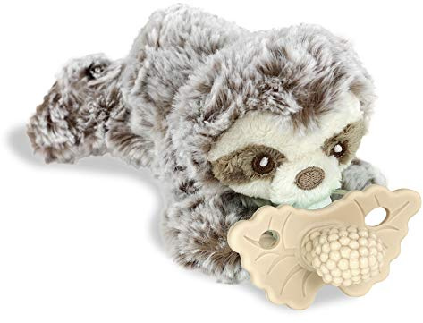RaZbaby Sloth RaZbuddy w/RaZberry Teething Relief Pacifier – Soothes Sore Gums w/Nature-Inspired Texture, 100% BPA-Free Silicone Teether, Detachable Stuffed Animal – 3 Months+ Teether, Tan