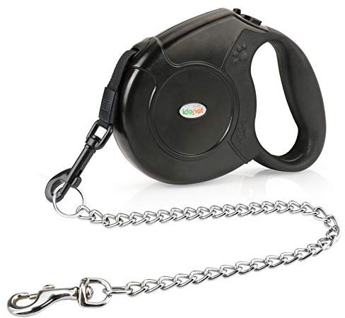 Idepet Robuste, einziehbare Hundeleine für kleine und mittelgroße Hunde, Anti-Kau-Stahlkette, 360 Grad, verhedderungsfrei, Bruch- und Verriegelungssystem, 4,8 m lange Leine für Spaziergänge mit dem