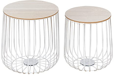 levandeo 2er Set Beistelltisch Metall Weiß Metallkorb Korb Couchtisch Deckel Aufbewahrung Design Deko Tisch