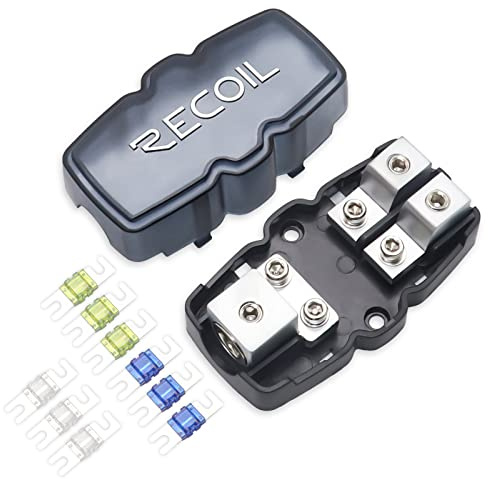 RECOIL MFH12 Mini-ANL Sicherungsverteilerblock 2-Wege für 50-25mm² (0-4AWG) Eingang + 25-10mm² (4-8AWG) Ausgang, massiv Messing, inkl. 9 Sicherungen (60/80/100A) für 12V/24V Auto/LKW/Offroad