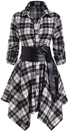 OLIPHEE Femmes Manches Longues Ceinturé Une Robe à Carreaux Chemise En Ligne Casual Tunique Robe(01Noir,XL)