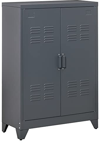 HOMCOM Armoire de bureau à 3 niveaux, meuble de rangement bureau métallique avec 2 portes et étagères réglables, armoire à dossiers pour domicile, garage, gris