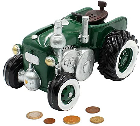 Spardose als Traktor aus Poly - Sparauto - Sparbüchse in grün mit Gummiverschluss, Größe L/B/H: ca. 16 x 11 x 11 cm