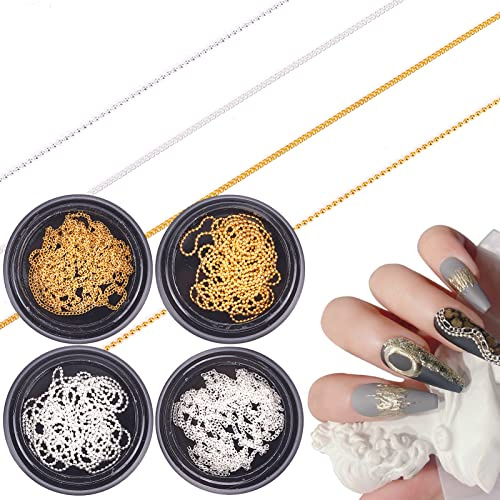 NICENEEDED 4 Tiras Metal Nail Art Cadenas Largas, Cadenas de Uñas Decoraciones de Uñas con Caja, Adornos de Uñas de Oro Y Plata 3D, Tachuelas para Decoración de Manicura Y Bricolaje