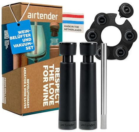 Airtender Vakuum-Set – Weinbelüfter und Vakuumpumpe, Edelstahl und PP, 4-teilig, spülmaschinenfest, für intensiven Geschmack & lange Frische, Ideal für Weinliebhaber mit Geschenkbox