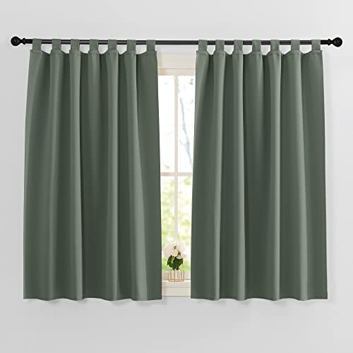 PONY DANCE Kurze Gardinen Kinderzimmer Fenstergardinen mit Schlaufen Vorhang Kälteschutz Verdunklungsvorhänge Blickdichte Vorhänge Graugrün Schlaufenschal 2er Set H 145 x B 140 cm