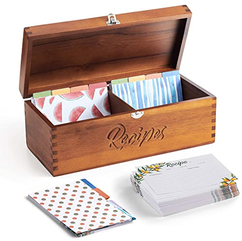 Tidita Große Rezeptbox aus Akazienholz mit 100 Karten, 10 x 15 cm, 8 Trennwände, Holz-Rezeptbox-Set, Doppelfach, Organizer mit dickem Karton, Kartenhalter, Ständer, Rezepte für Küchentheke