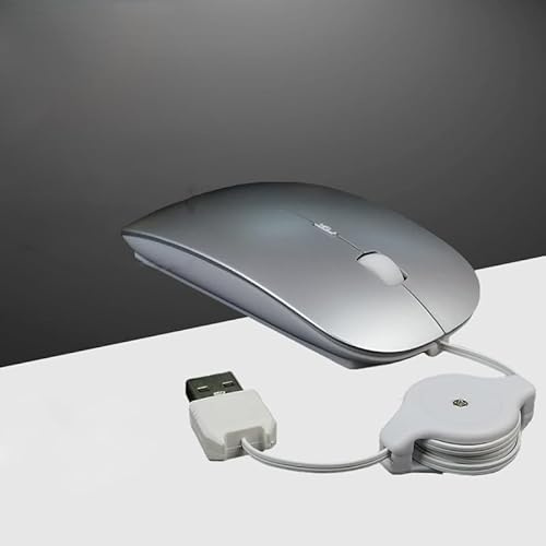 Ratón con Cable retráctil Ratón telescópico con Cable para Ordenador portátil Ratón silencioso Ratón óptico USB para Oficina,Juegos (Plata)