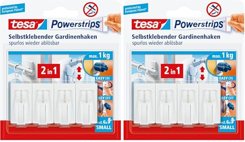 tesa Powerstrips Vario-Gardinenhaken/Selbstklebende Gardinenhaken von tesa - wieder ablösbar und mehrfach verwendbar/Bis 1 kg Belastung / 1 x 4 Stück/Weiß (Packung mit 2)
