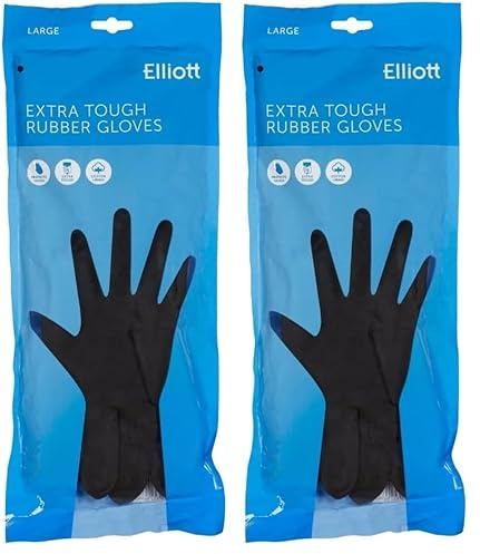 Elliott Heavy Duty Household Maintenance Rubber Gloves, Large Size With Breathable Flock Lining and Non-Slip Grip, Black (Pack of 2)
