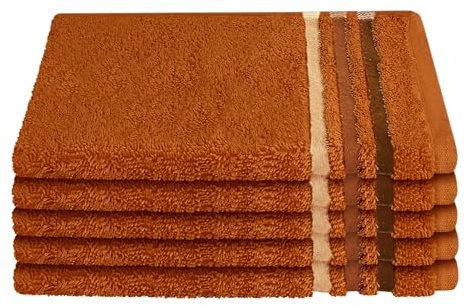 Schiesser Gästetuch | 5er Set | 100% Baumwolle | Terrakotta | Streifenbordüre | 30x50 cm | flauschig & saugstark | sorgfältig eingenähter Kordelaufhänger | OEKO-TEX® MADE IN GREEN