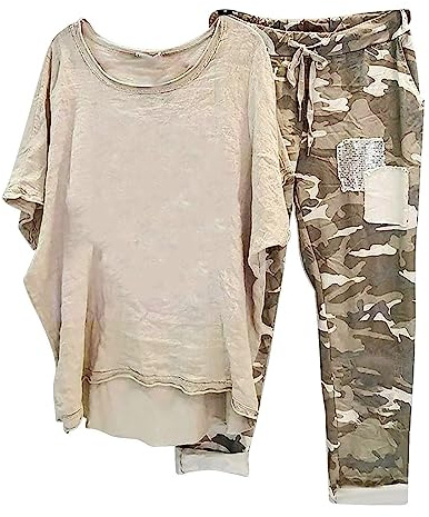 EMATOP 2-Teiliges Leinenanzug Damen Sommer Tshirt Top und Weite Beine Hose Freizeitanzug Casual Baumwolle Hosenanzug Zweiteiler Vintage Sportanzug Tarnung Motive Yoga Outfits Teenager Mädchen