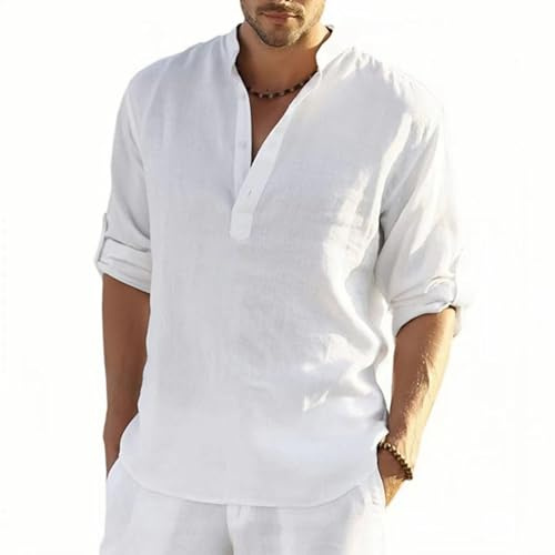 MSIYOW Chemise Lin Homme Vetement Col Mao Shirt d'été Casual Manche Longue Chemises en Lin de Plage (S, Blanc)