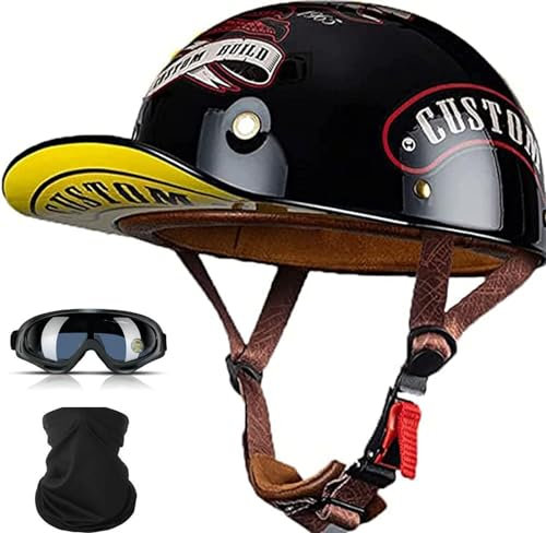 YIYHFKM Halbschalenhelm Mit ECE-Zulassung Vintage Motorradhelm Baseball Cap Cruiser Chopper Scooter Helm Herren Retro Motorrad Halbhelm Damen Mofa Helm(53-64Cm)