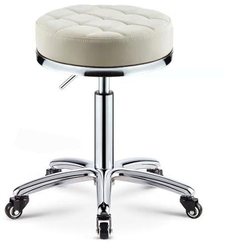 Robuster Rollhocker mit Rädern, Verstellbarer Hocker mit Polsterung aus PU-Leder, für Salon, Büro, Geschäft, Spa, Tattoo, Massage, medizinisches Zeichnen, drehbar (weiß)