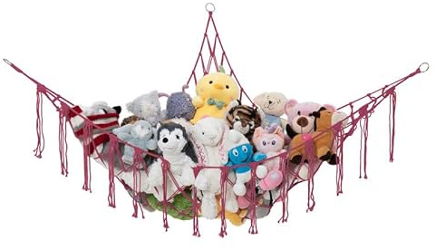 Lilly's Love Stuffed Animal Storage Macrame Hammock, Large - Boho Room Decor Toy Storage - Corner Hanging Plushie Stuffed Animal Net Organizer (Pink)