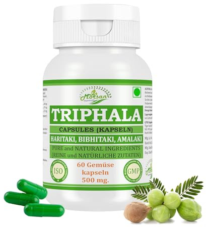 Triphala-Kapsel 500 mg. 60 Veganer. Einheiten | Amalaki (Emblica officinalis) Haritaki (Terminalia chebula) Bibhitaki (Terminalia belerica) Extrakt-Kapseln | 10:1 Stärke (1 Flasche mit 60 Kapseln)