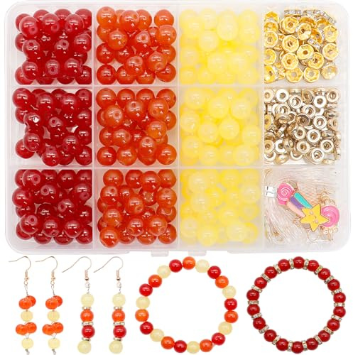 Dotilili Perlen für Armbänder 8mm, Rot Orange Glasperlen zum Auffädeln Armbänder Selber Machen Runde Schmucksteine Perlen mit Gold Strass Abstandshalter Charms Kristalle Edelsteine zum Basteln